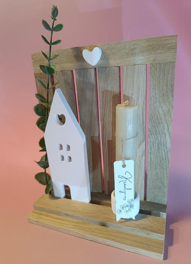 Bougeoir "Maisonnette blanche" support bois