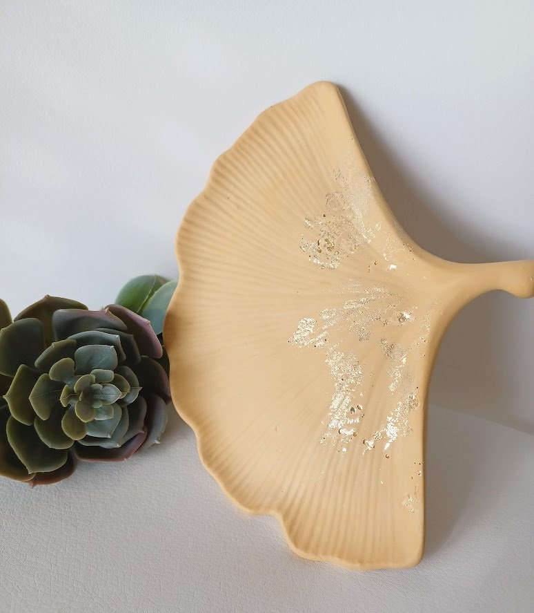 Plateau de rangement gingko saumon et or
