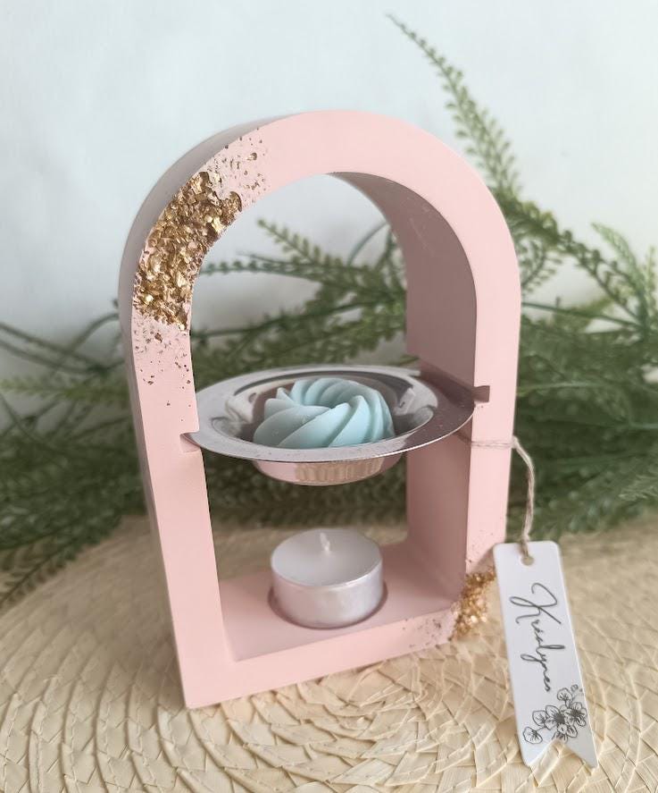 Brûle parfum arrondi terracotta clair et or.