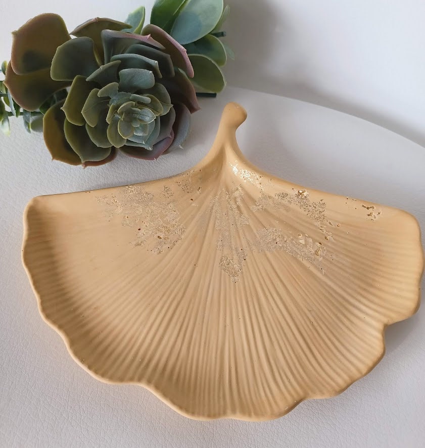 Plateau de rangement gingko saumon et or