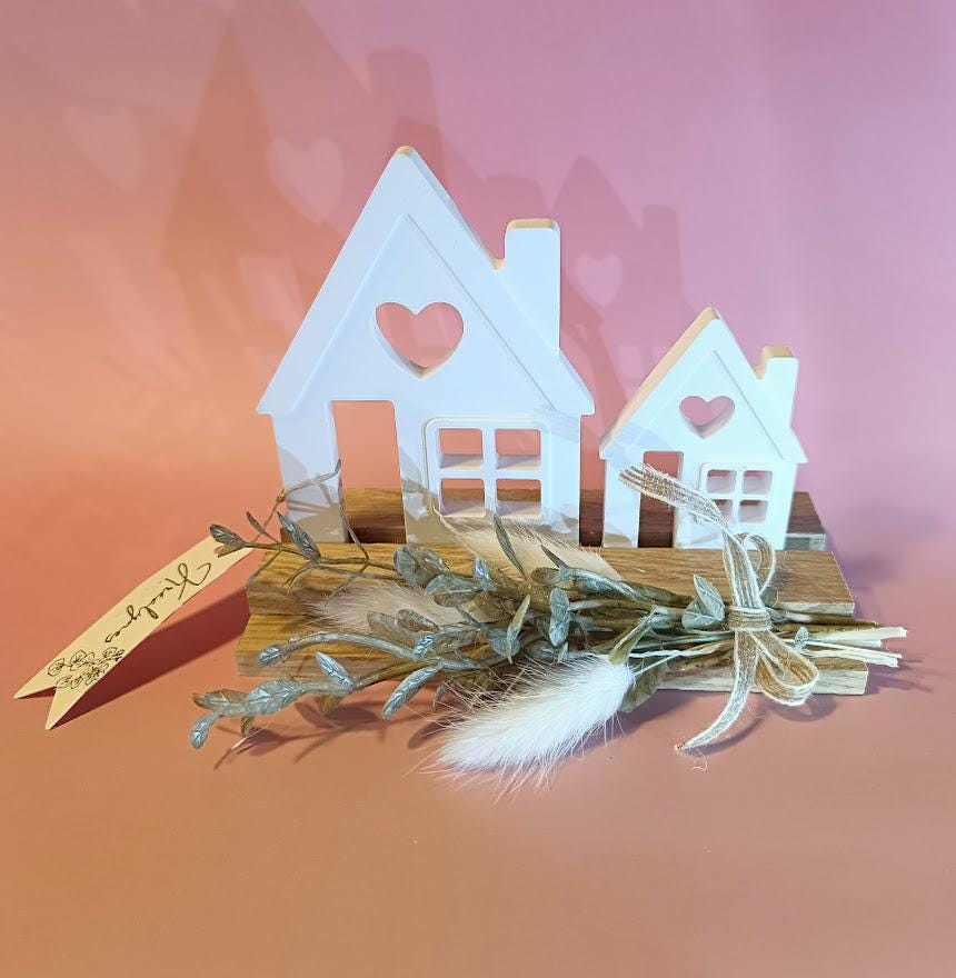 Décoration à poser maisons blanches, support bois