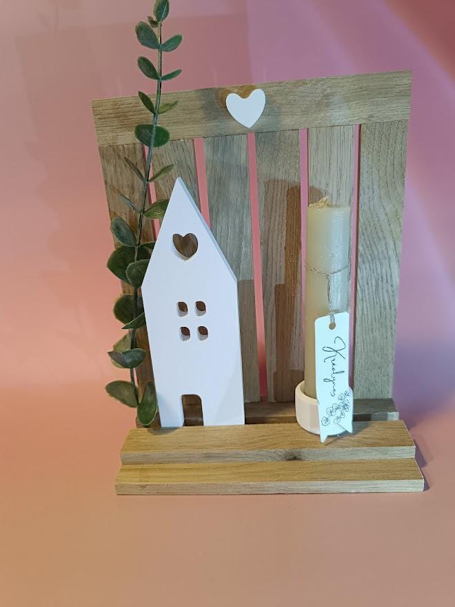 Bougeoir "Maisonnette blanche" support bois